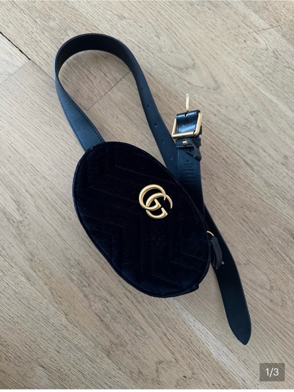 Gucci Black Quilted Velvet Crossbody Belt Bag with Gold GG